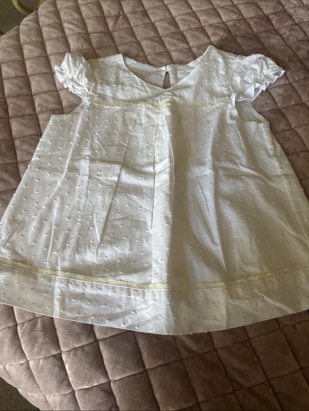 Neige girls White Swiss Dot Baby Dress with Lace Trim